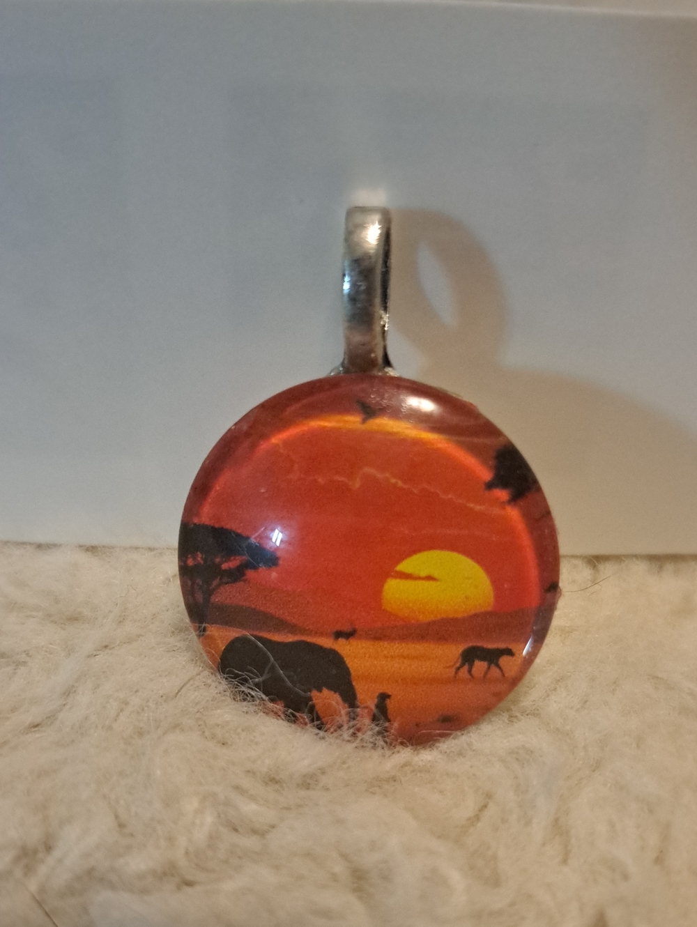 Hand crafted Sunset Safari Round Glass Tile Pendant Necklace - Orange